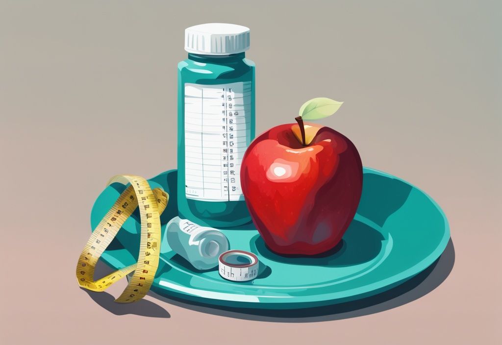 Moderne digitale Illustration mit einer Flasche L-Thyroxin neben einem Maßband, einem Apfel und einem kleinen Teller mit gesunder Nahrung, symbolisiert Gewichtsverlust, Hauptfarbe Teal