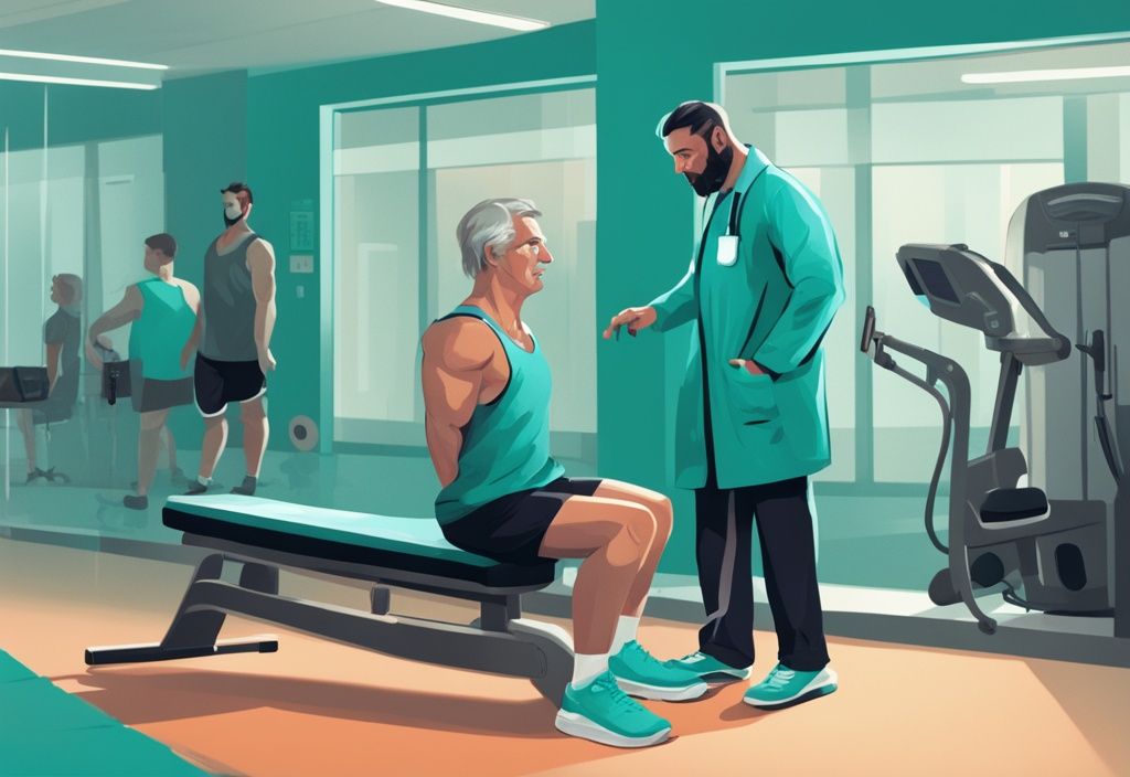 Patient wird von einem professionellen Arzt im Fitnessstudio betreut, der das Trainingsprogramm überwacht, digitale Illustration in modernen Tealtönen.