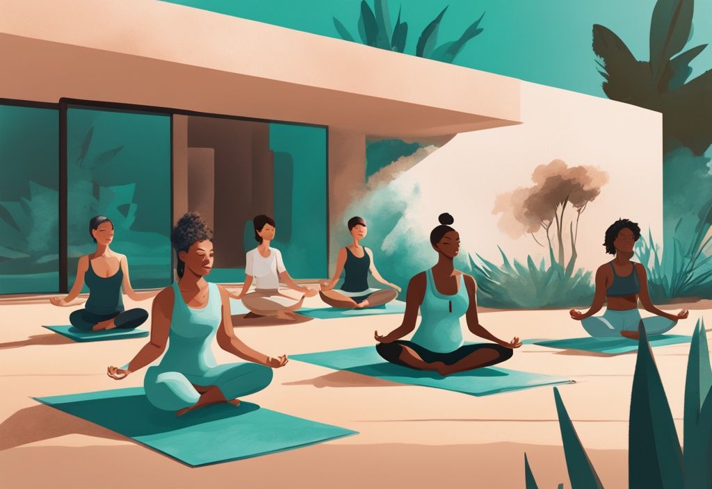 Moderne digitale Illustration eines Yoga-Retreats im Freien mit einer Gruppe vielfältiger Personen in verschiedenen Yoga-Posen, Hauptfarbe Türkis.