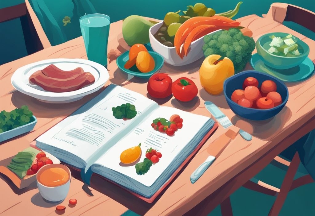 Modernes digitales Gemälde mit gesunden Lebensmitteln wie Obst, Gemüse, magerem Fleisch und einem Diätplan neben einem Buch von Dr. Nowzaradan, Dr. Nowzaradan Diät.