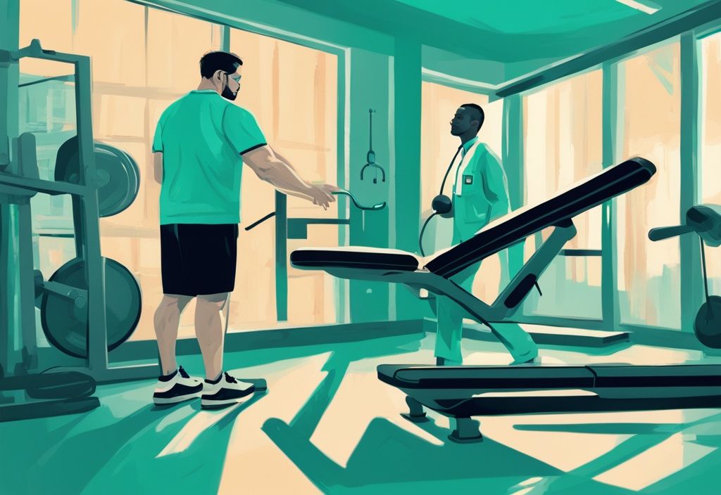 Moderner digitaler Gemälde-Illustration mit Teal-Farbschema: Patient wird von professionellem Arzt im Fitnessstudio betreut und folgt dem Trainingsplan.