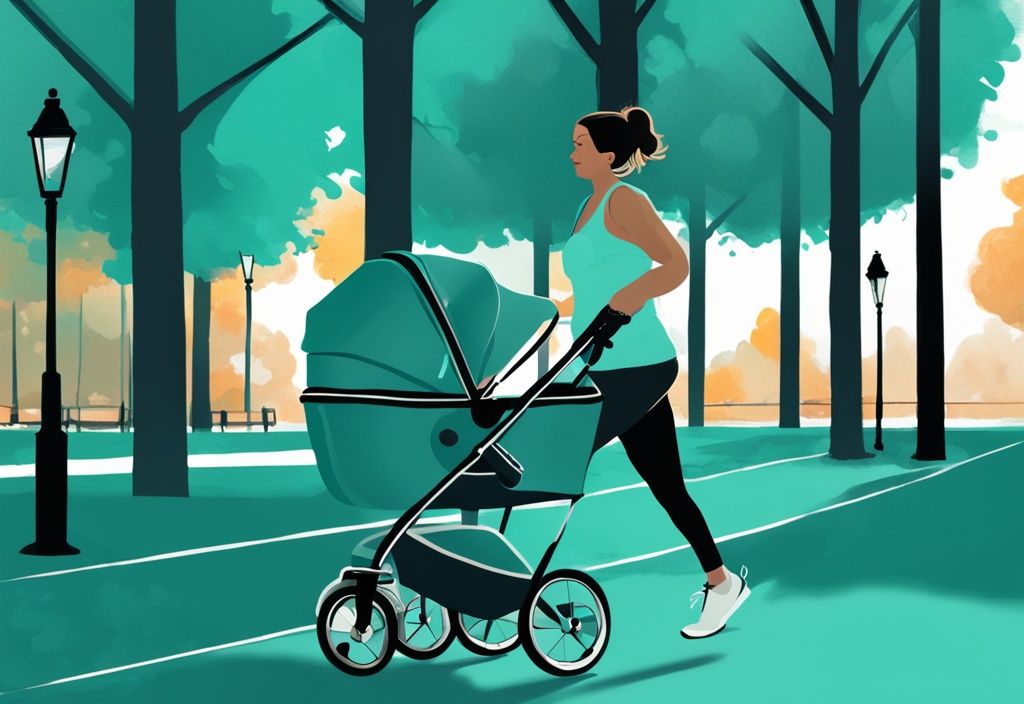 Frau joggt begeistert im Park mit Kinderwagen, moderne digitale Illustration in Teal-Farben