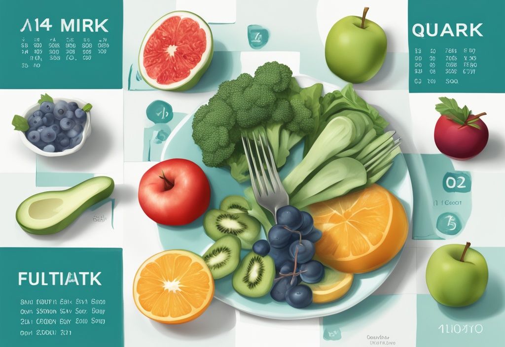 Moderne digitale Malerei Illustration eines 14-tägigen Diätplans mit Quark, frischem Obst und Gemüse, Hauptfarbton Türkis