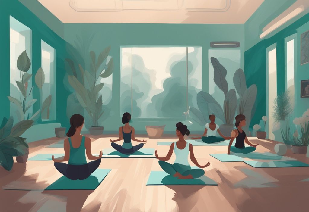 Moderne digitale Malerei eines ruhigen Yogastudios mit einem Lehrer, der Yin-Yoga-Posen zeigt, neben Bildern anderer Yoga-Stile zum Vergleich. Hauptfarbthema: Teal.