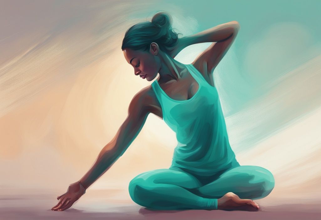 Moderne digitale Malerei einer Frau in einer Yoga-Pose mit durchscheinendem Bild einer strahlenden, friedlichen Seele im Hintergrund, was macht Yoga mit der Seele