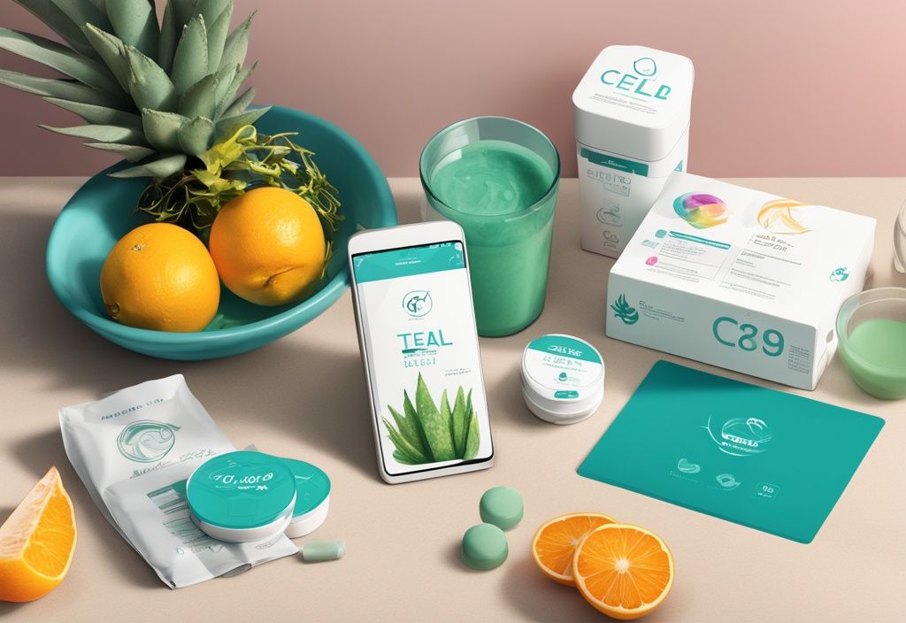 Modernes digitales Gemälde einer C9 Diätprogramm-Kit auf einem hellen Küchentisch mit Kapseln, Shakes, Faserpaketen und Aloe Vera Gel, neben einem Fitness-Tracker und frischen Früchten, Hauptfarbe Teal.