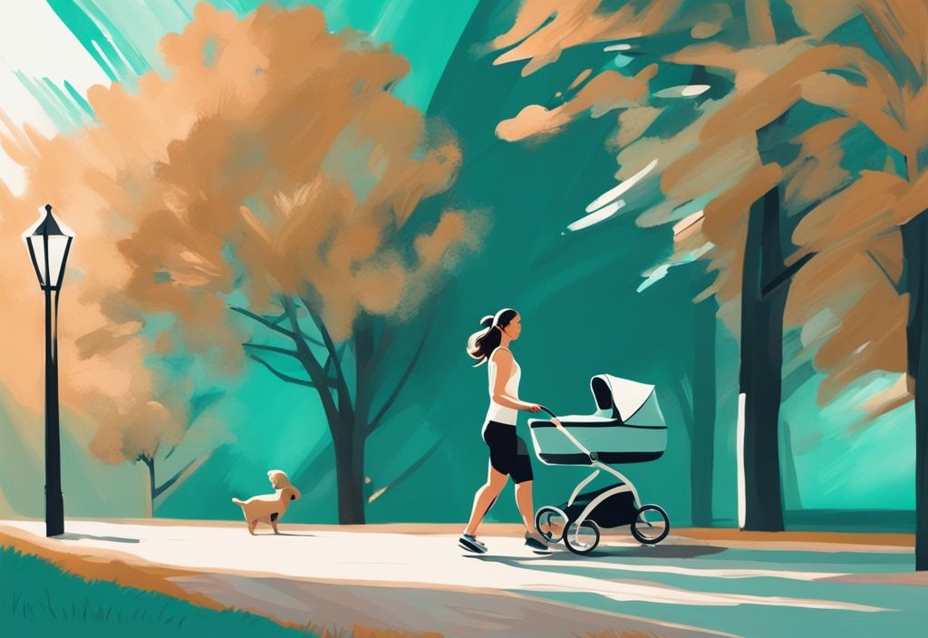 Frau joggt begeistert im Park mit einem Kinderwagen, modernes digitales Gemälde in Teal-Farbtönen.