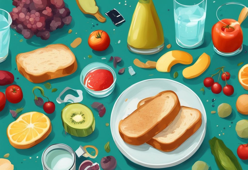 Moderne digitale Malerei mit Zwieback Toast, frischen Früchten, Gemüse, Wasserglas und Maßband, die das Konzept der Zwieback Diät und einer ausgewogenen Ernährung illustrieren.