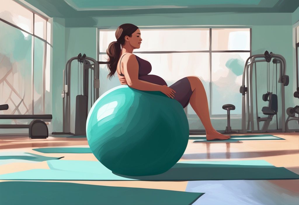 Schwangere Frau beim sanften Training mit Schwangerschaftsball in einem geräumigen Fitnessstudio, umgeben von unterstützenden Fitnessgeräten, moderne digitale Malerei in Teal-Tönen.