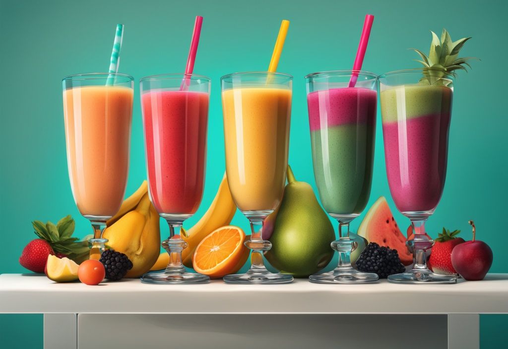 Moderne digitale Malerei mit bunten Frucht-Smoothies in verschiedenen Gläsern, garniert mit frischen Früchten, auf einem Tisch mit einem Ernährungsdiagramm.