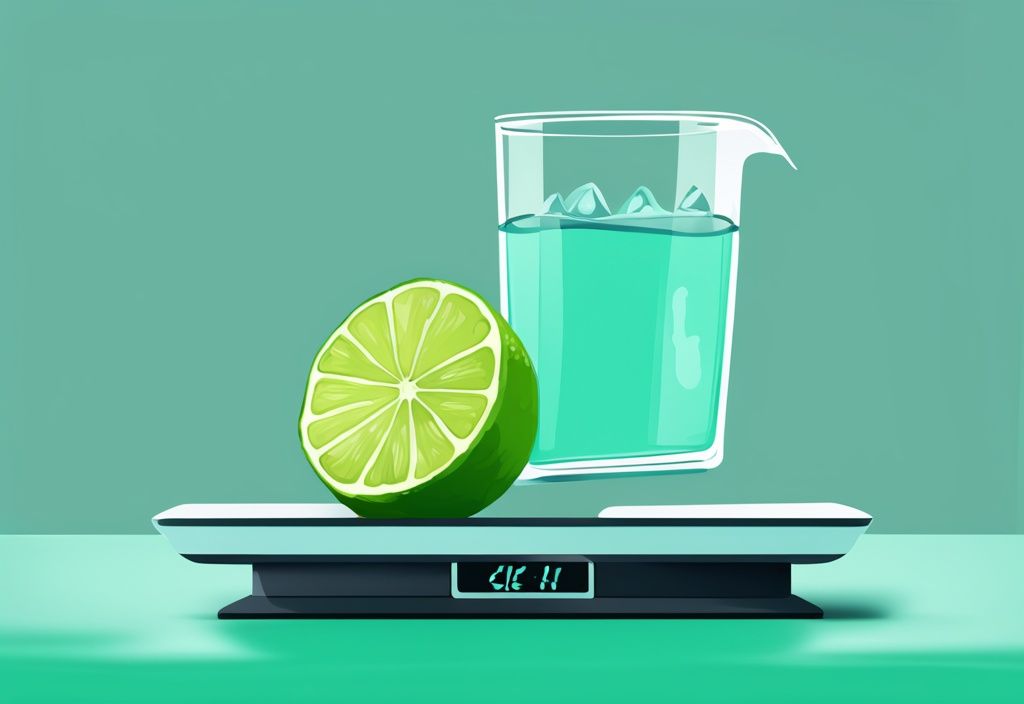 Moderne digitale Illustration mit Teal-Farbschema, halbierte Limette und Glas Limettenwasser auf einer Waage, Konzept Limettenwasser abnehmen.