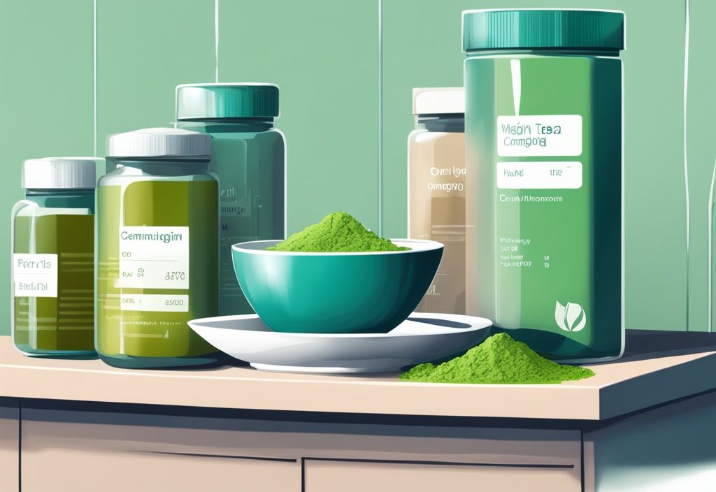 Moderne digitale Illustration in Teal mit natürlichen Nahrungsergänzungsmitteln wie Grüntee, Garcinia Cambogia und Proteinpulvern auf einer eleganten Küchentheke neben einer Waage, welche Supplements zum Abnehmen.