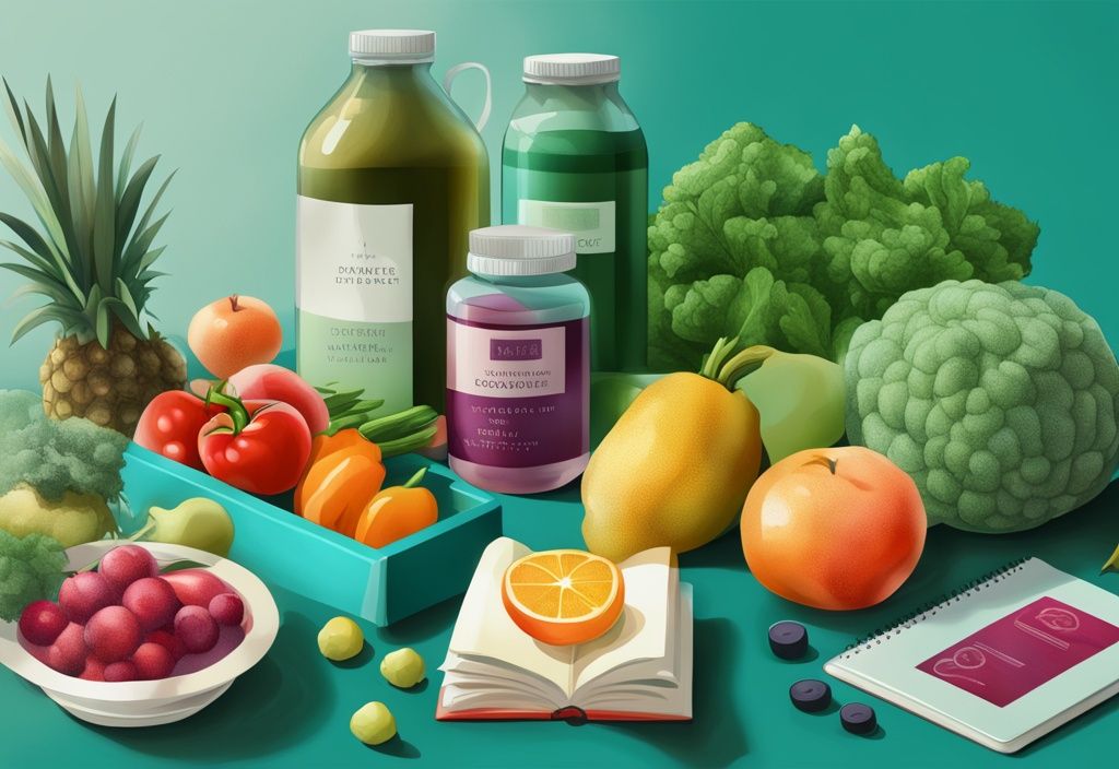 Moderne digitale Illustration in Teal mit frischem Obst, Gemüse, Nahrungsergänzungsmitteln und einem Buch über die Schlüsener Diät im Mittelpunkt