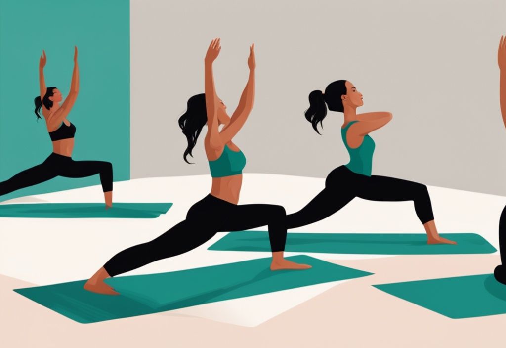 Moderne digitale Illustration in Teal zeigt eine Person in einer Yoga-Pose und eine andere Person bei einer Pilates-Übung, beide zur Stärkung des Rückens, was ist besser für den Rücken Yoga oder Pilates.