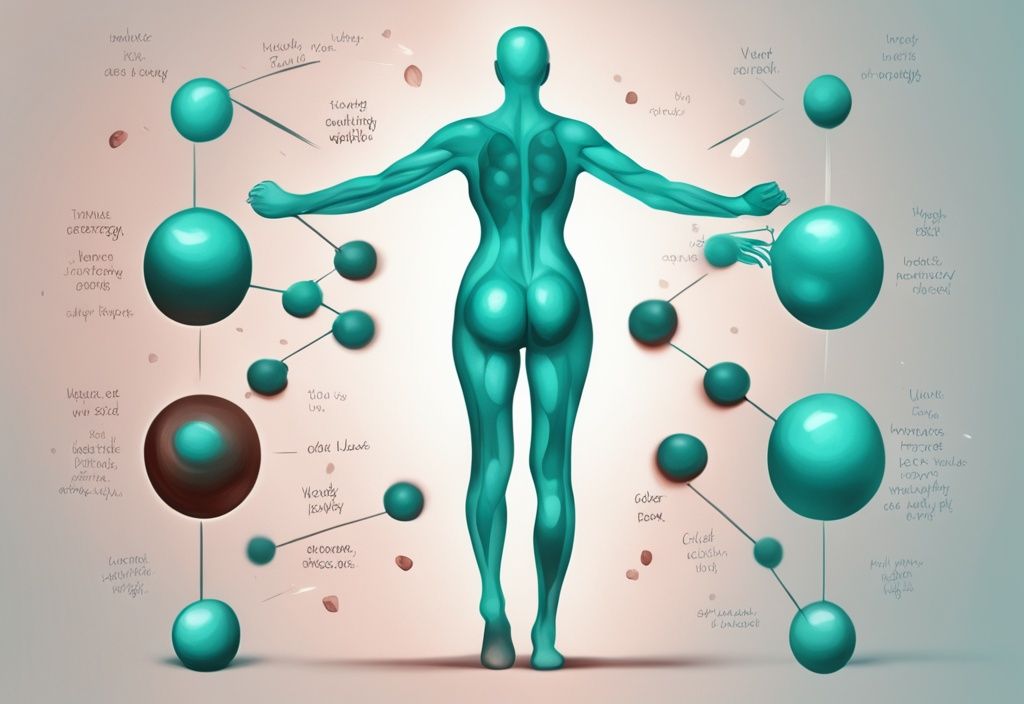 Moderne digitale Illustration eines menschlichen Körpers, der Fettzellen in Energie umwandelt, zeigt den Prozess des Abnehmens, wohin geht das Fett beim Abnehmen, Hauptfarbe: Türkis.