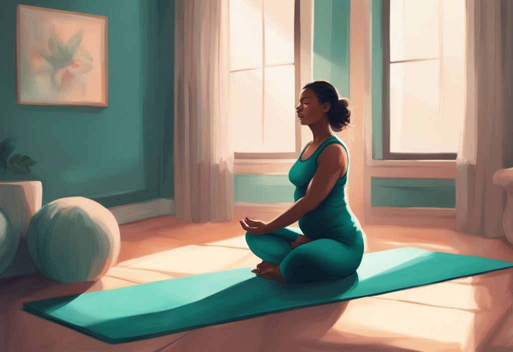 Schwangere Frau praktiziert Yoga in einem modernen, lichtdurchfluteten Zuhause, digitale Illustration in Teal-Tönen.