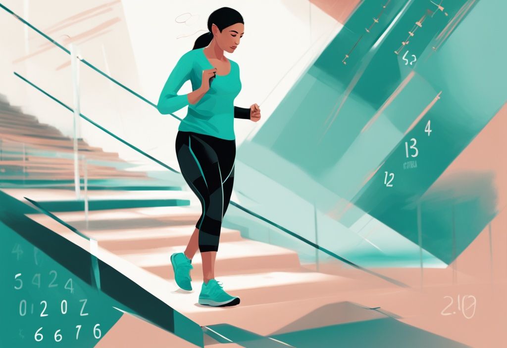 Moderne digitale Illustration einer Frau mit Fitness-Tracker, die auf einem Pfad mit Schrittzahlen für tägliche Schritte zur Gewichtsabnahme geht, Hauptfarbe Teal.