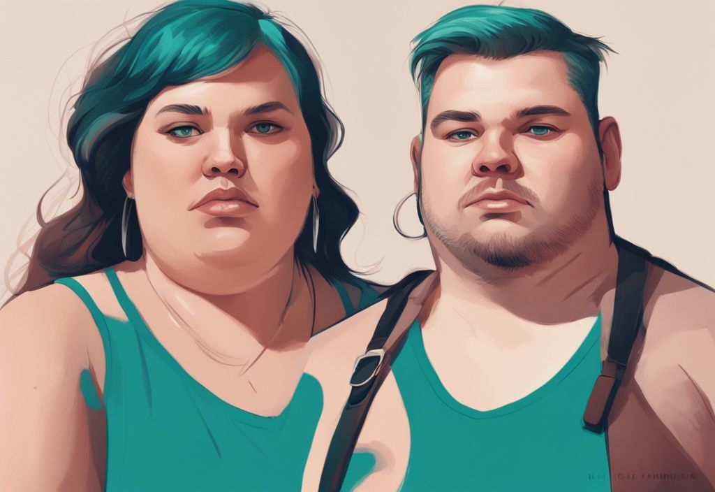 Digitale Illustration Gewichtsverlust Vorher-Nachher-Bild, links übergewichtige Gesichter, rechts schlankere Gesichter, Hauptfarbe Teal.