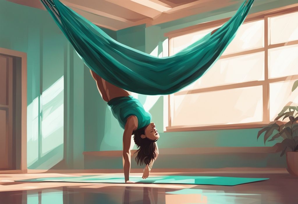 Moderne digitale Malerei Illustration, Person in Yoga-Pose schwebt mit einem hängenden Seidentuch in einem geräumigen, gut beleuchteten Studio, Hauptfarbe Teal