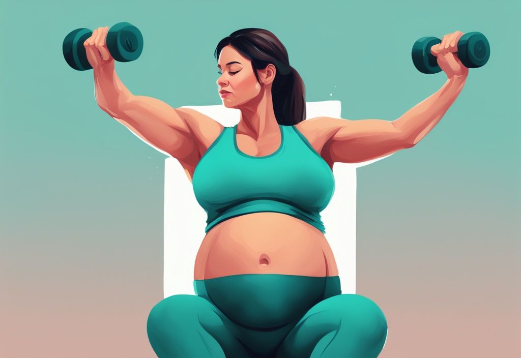 Schwangere Frau beim Krafttraining Schwangerschaft mit kleinen Hanteln und Yoga in moderner digitaler Illustration, Hauptfarbe Teal.