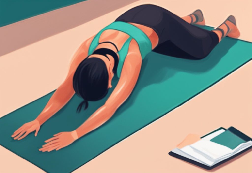 Moderne digitale Illustration in Teal: Person liegt friedlich auf einer Yogamatte und führt eine sanfte Übung zum Abnehmen im Liegen aus.