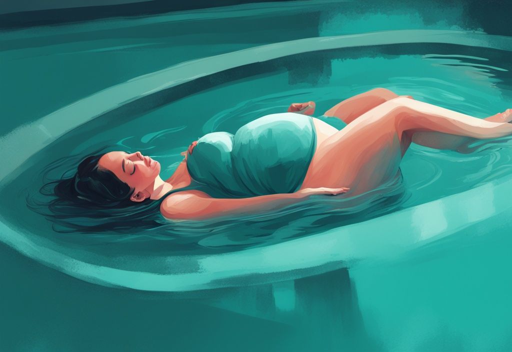 Schwangere Frau schwebt friedlich im Schwimmbecken, Hand auf dem Bauch, moderne digitale Malerei in Teal-Tönen