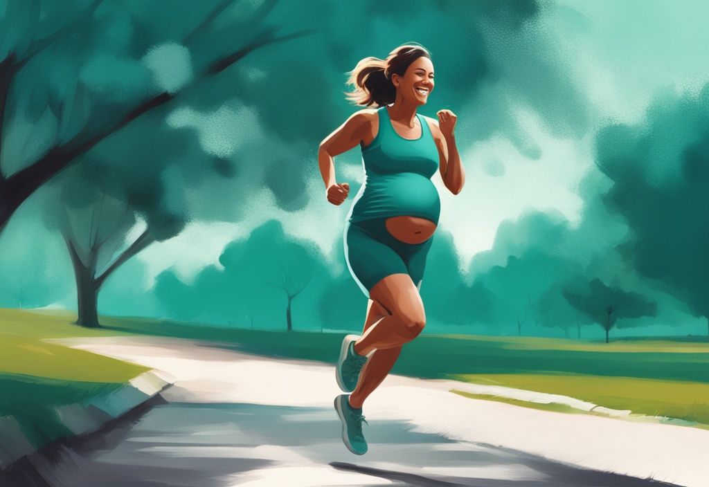 Schwangere Frau in Joggingkleidung läuft glücklich durch den Park, moderne digitale Illustration in Teal-Farbtönen.