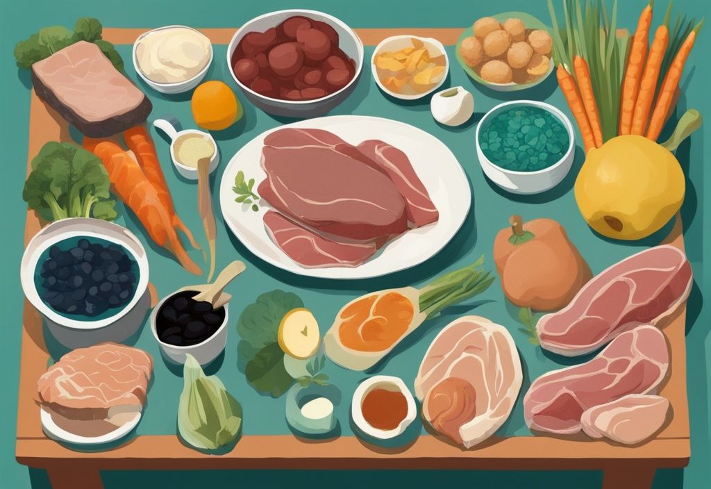 Moderne digitale Illustration in Teal-Tönen mit SCD Diät zugelassenen Lebensmitteln wie Fleisch, Obst und Gemüse auf einer Küchenarbeitsplatte.