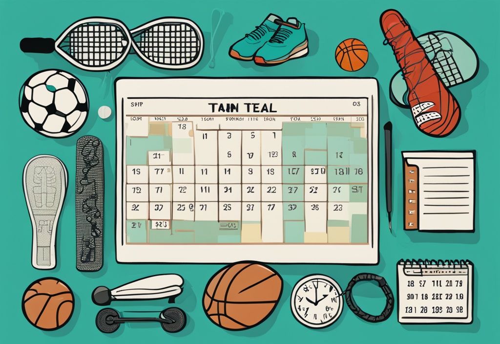 Moderner digitaler Gemäldeillustration mit Kalender und Sportgeräten, die wöchentliche Sportaktivitäten in Teal-Farbschema anzeigen.