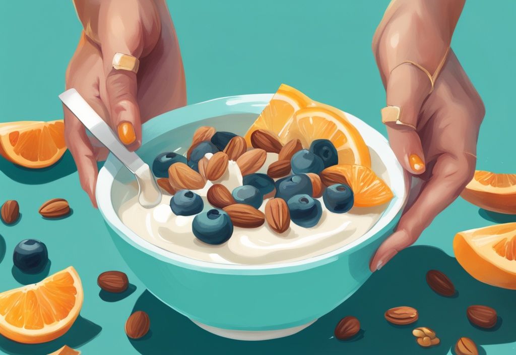 Schlanke, glückliche Frau genießt eine Schale Joghurt mit frischen Früchten und Nüssen, mit sichtbarem Maßband zur Gewichtsreduktion, moderne digitale Illustration in Teal-Farben.