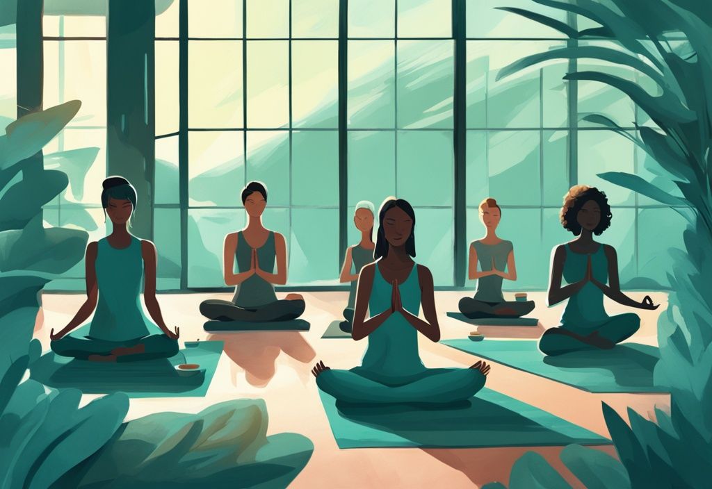 Moderne digitale Malerei mit Hauptfarbe Teal, die eine friedliche Naturumgebung zeigt, in der Personen verschiedene Yoga-Posen praktizieren, was ist ein Yoga Retreat darstellt.