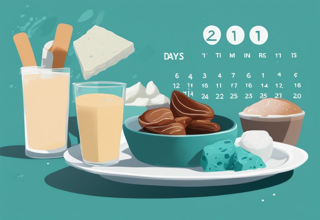 Moderne digitale Malerei, Kalender mit 14 Tagen, Löffel Quark in verschiedenen Gerichten und Getränken, 14 Tage Quark Diät