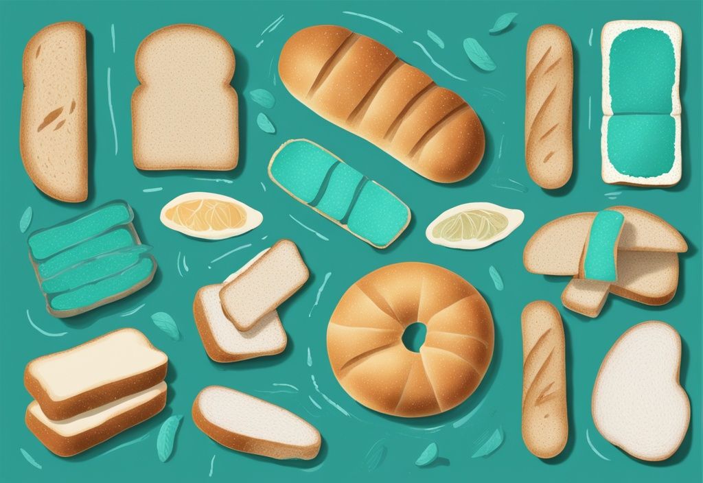 Moderne digitale Malerei mit Brotscheiben in Teal-Farbtönen, die gesundheitliche Vorteile zeigen, eines davon hervorgehoben als effektiv zum Abnehmen; welches Brot ist gut zum Abnehmen