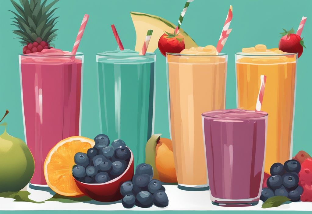 Moderne digitale Malerei mit bunten Frucht-Smoothies in verschiedenen Gläsern, garniert mit frischen Früchten, auf einem Tisch mit einem Ernährungsdiagramm angelehnt an das größte Glas.