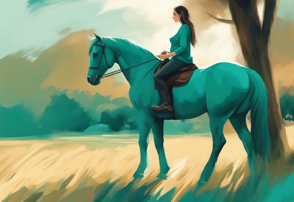 Schwangere Frau reitet vorsichtig auf einem Pferd in einer ruhigen Landschaft, moderne digitale Illustration in Teal-Tönen