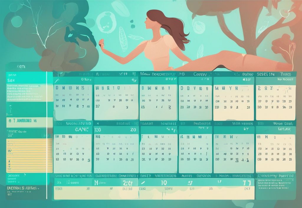 Moderner digitaler Gemälde-Illustration mit Kalender, der tägliche gesunde Gewohnheiten und Aktivitäten für einen Zeitraum von sechs Wochen zeigt, begleitet von einer schlanker werdenden Silhouette, abnehmen in 6 Wochen.