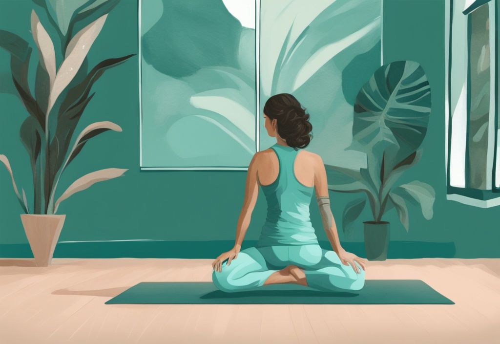 Moderne digitale Illustration eines Yoga-Studios in Teal-Tönen, in dem ein Lehrer Yin-Yoga-Posen demonstriert und andere Yoga-Stile zum Vergleich zeigt.