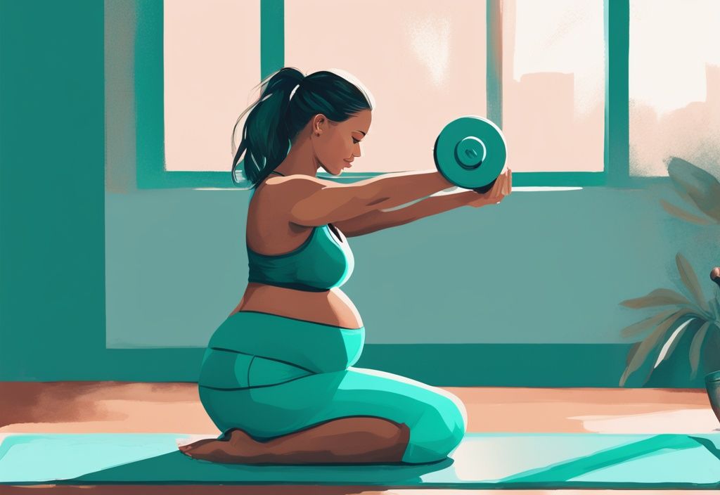 Schwangere Frau beim Krafttraining Schwangerschaft, die mit kleinen Hanteln und Yoga fit bleibt, in moderner digitaler Illustration mit Teal-Farbschema.