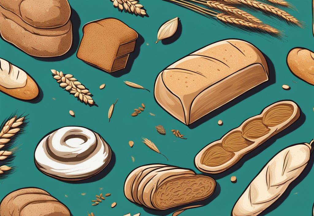 Moderne digitale Malerei von verschiedenen Brotsorten wie Vollkorn- und Mehrkornbrot, ideal für Gewichtsverlust, in Teal-Farbtönen.