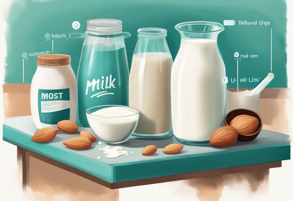 Moderne digitale Malerei mit verschiedenen Milchsorten (Mandel-, Soja-, Magermilch und Vollmilch) auf einer Küchenarbeitsplatte; ein Maßband um ein Glas mit der als gewichtsverlustfördernd gekennzeichneten Milch.