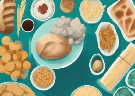 Moderne digitale Illustration mit Teal-Farbthema, zeigt kohlenhydratreiche Lebensmittel wie Brot, Pasta und Reis, überlagert von einer Silhouette, die Gewichtszunahme darstellt; warum machen Kohlenhydrate fett.