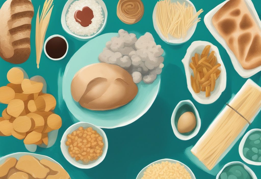 Moderne digitale Illustration mit Teal-Farbthema, zeigt kohlenhydratreiche Lebensmittel wie Brot, Pasta und Reis, überlagert von einer Silhouette, die Gewichtszunahme darstellt; warum machen Kohlenhydrate fett.