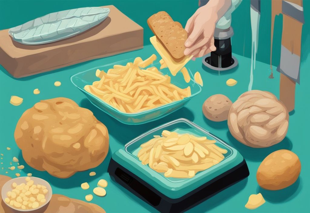 Moderne digitale Malerei mit Teal-Farbthema, zeigt eine Waage mit kohlenhydratreichen Lebensmitteln wie Brot, Pasta und Kartoffeln auf der einen Seite und einer Figur, die Fett darstellt, auf der anderen Seite.