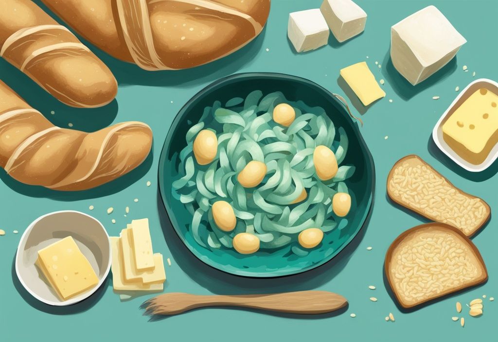 Moderne digitale Malerei mit Schwerpunkt auf Teal: Eine Waage mit Kohlenhydraten (Brot, Pasta, Reis) auf der einen Seite und Fetten (Butter, Öl, Käse) auf der anderen, leicht zugunsten der Fette geneigt.