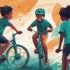 Moderne digitale Malerei mit dem Hauptfarbthema Türkis, die eine Gruppe von Kindern zeigt, die mit Freude und Energie an Outdoor-Aktivitäten wie Radfahren, Laufen und Fußballspielen teilnehmen, ideal für Tipps, wie können Kinder abnehmen.