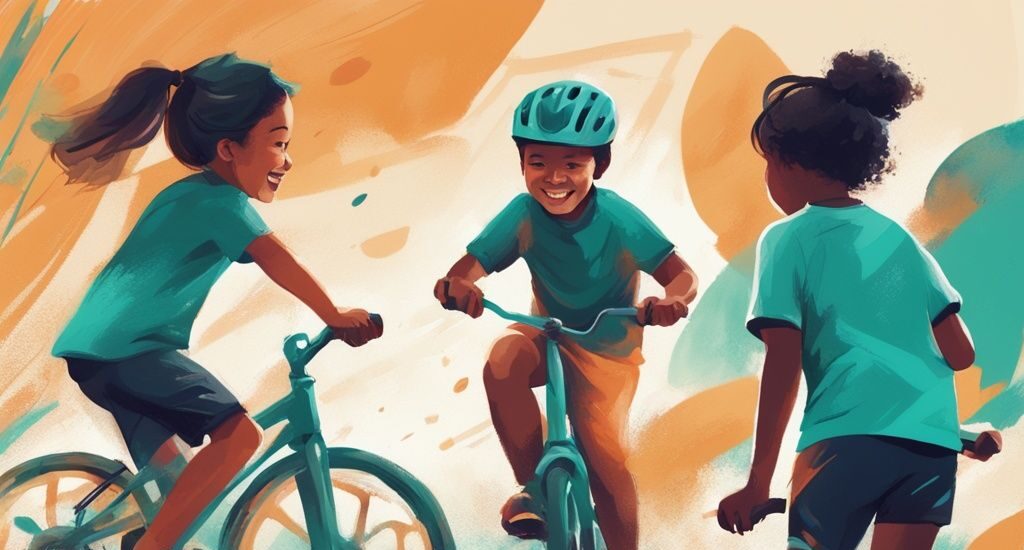 Moderne digitale Malerei mit dem Hauptfarbthema Türkis, die eine Gruppe von Kindern zeigt, die mit Freude und Energie an Outdoor-Aktivitäten wie Radfahren, Laufen und Fußballspielen teilnehmen, ideal für Tipps, wie können Kinder abnehmen.