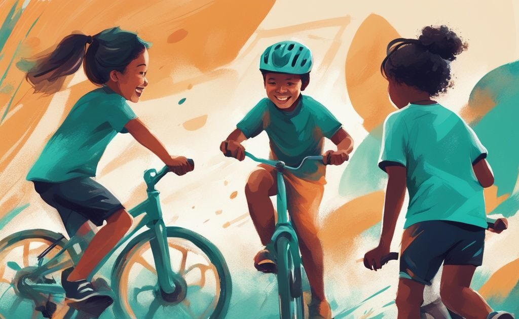 Moderne digitale Malerei mit dem Hauptfarbthema Türkis, die eine Gruppe von Kindern zeigt, die mit Freude und Energie an Outdoor-Aktivitäten wie Radfahren, Laufen und Fußballspielen teilnehmen, ideal für Tipps, wie können Kinder abnehmen.