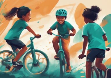 Moderne digitale Malerei mit dem Hauptfarbthema Türkis, die eine Gruppe von Kindern zeigt, die mit Freude und Energie an Outdoor-Aktivitäten wie Radfahren, Laufen und Fußballspielen teilnehmen, ideal für Tipps, wie können Kinder abnehmen.