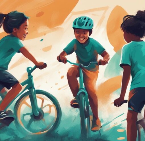 Moderne digitale Malerei mit dem Hauptfarbthema Türkis, die eine Gruppe von Kindern zeigt, die mit Freude und Energie an Outdoor-Aktivitäten wie Radfahren, Laufen und Fußballspielen teilnehmen, ideal für Tipps, wie können Kinder abnehmen.