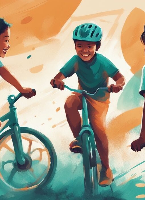 Moderne digitale Malerei mit dem Hauptfarbthema Türkis, die eine Gruppe von Kindern zeigt, die mit Freude und Energie an Outdoor-Aktivitäten wie Radfahren, Laufen und Fußballspielen teilnehmen, ideal für Tipps, wie können Kinder abnehmen.